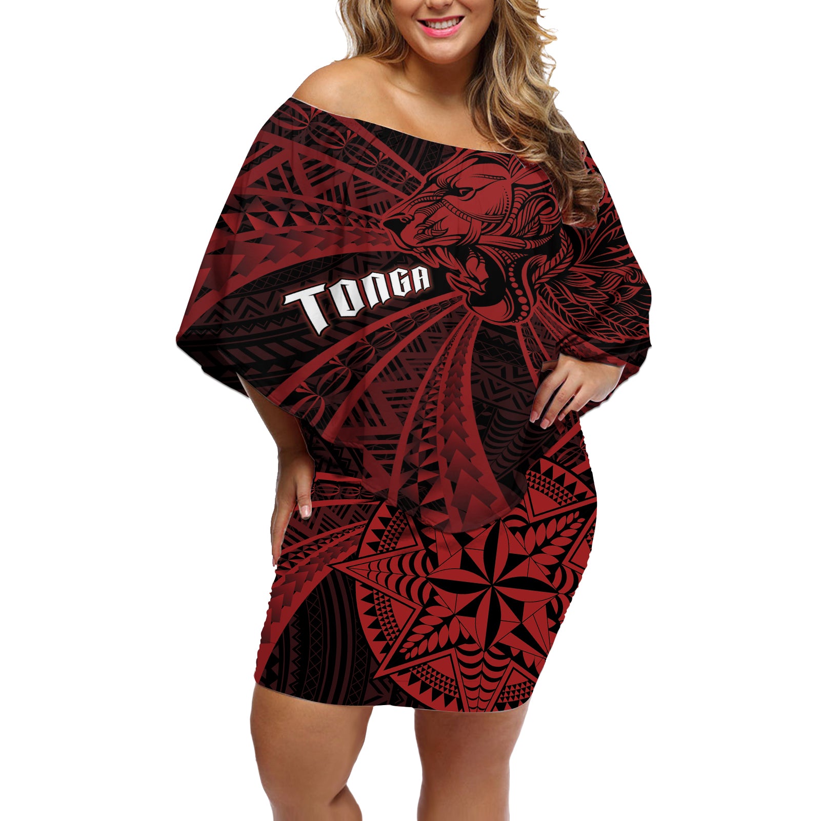 Tonga Independence Day Off Shoulder Short Dress Tongatapu Lion Ngatu Motifs Black Ver.