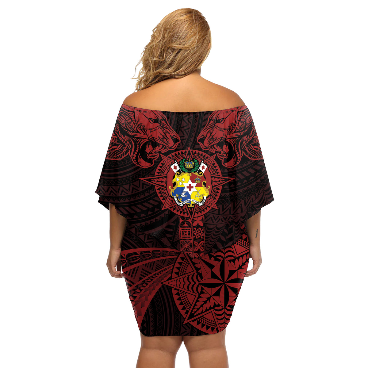 Tonga Independence Day Off Shoulder Short Dress Tongatapu Lion Ngatu Motifs Black Ver.
