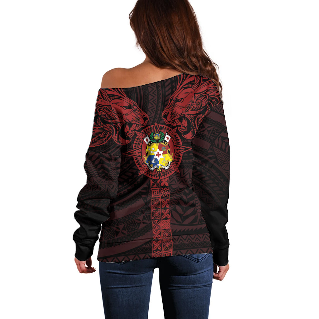 Tonga Independence Day Off Shoulder Sweater Tongatapu Lion Ngatu Motifs Black Ver.