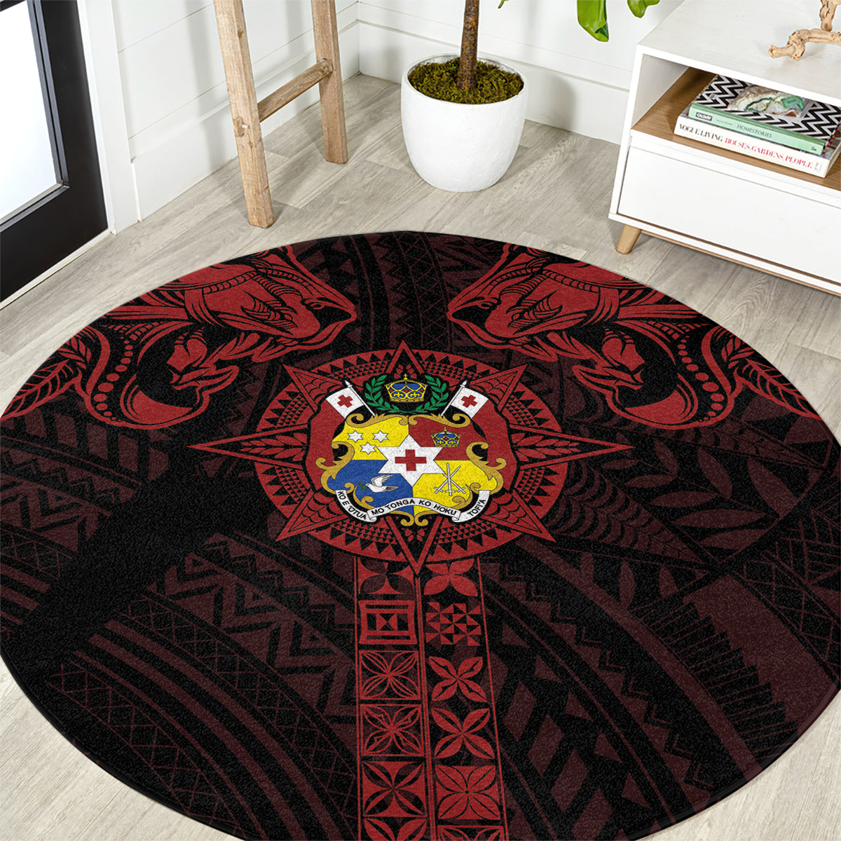 Tonga Independence Day Round Carpet Tongatapu Lion Ngatu Motifs Black Ver. LT7 Black - Polynesian Pride