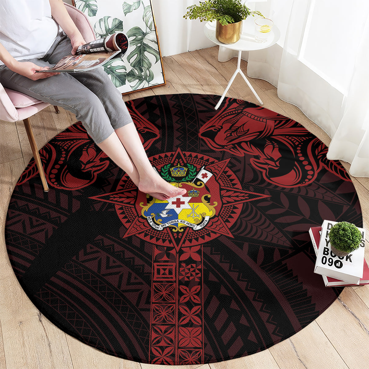 Tonga Independence Day Round Carpet Tongatapu Lion Ngatu Motifs Black Ver. LT7 - Polynesian Pride