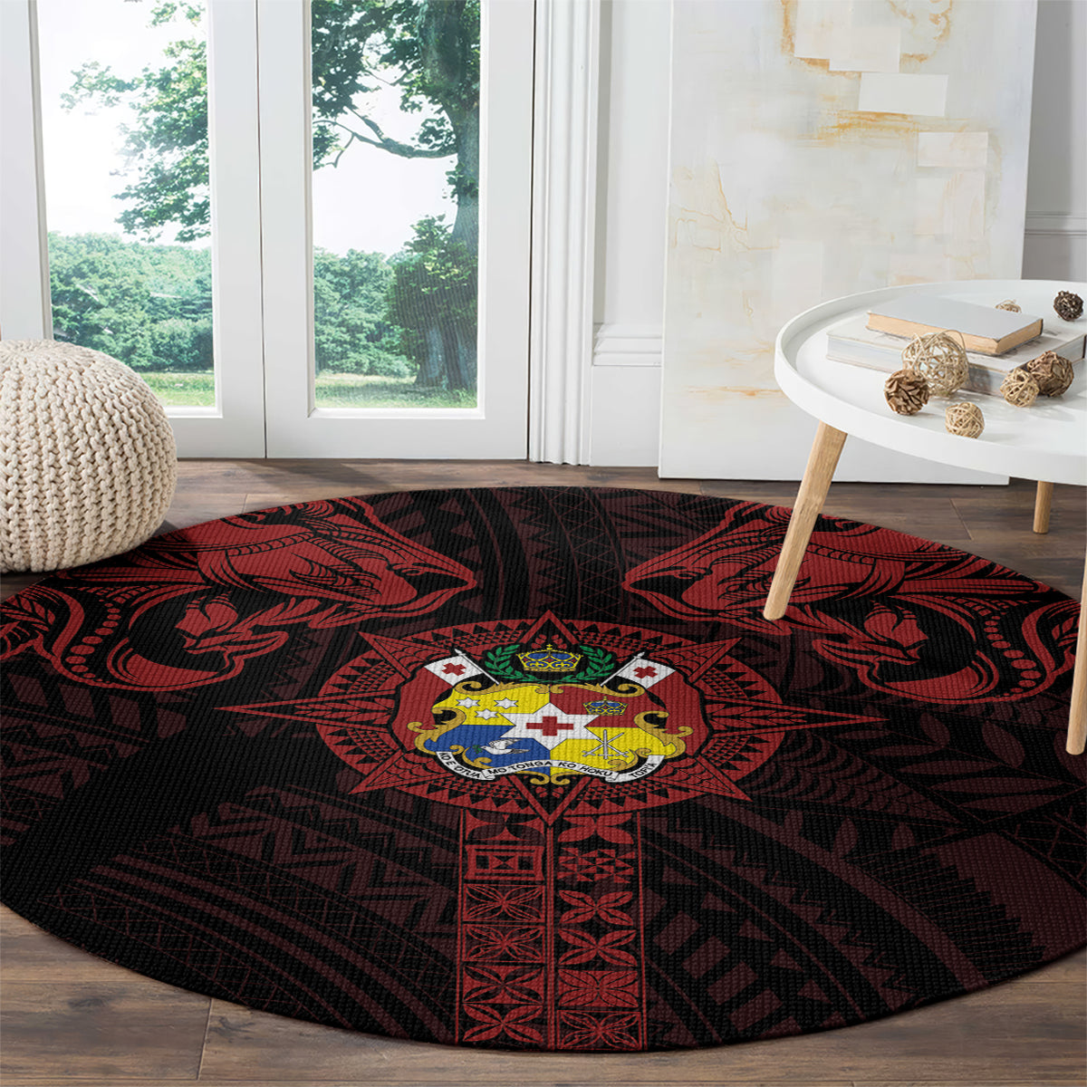 Tonga Independence Day Round Carpet Tongatapu Lion Ngatu Motifs Black Ver. LT7 - Polynesian Pride