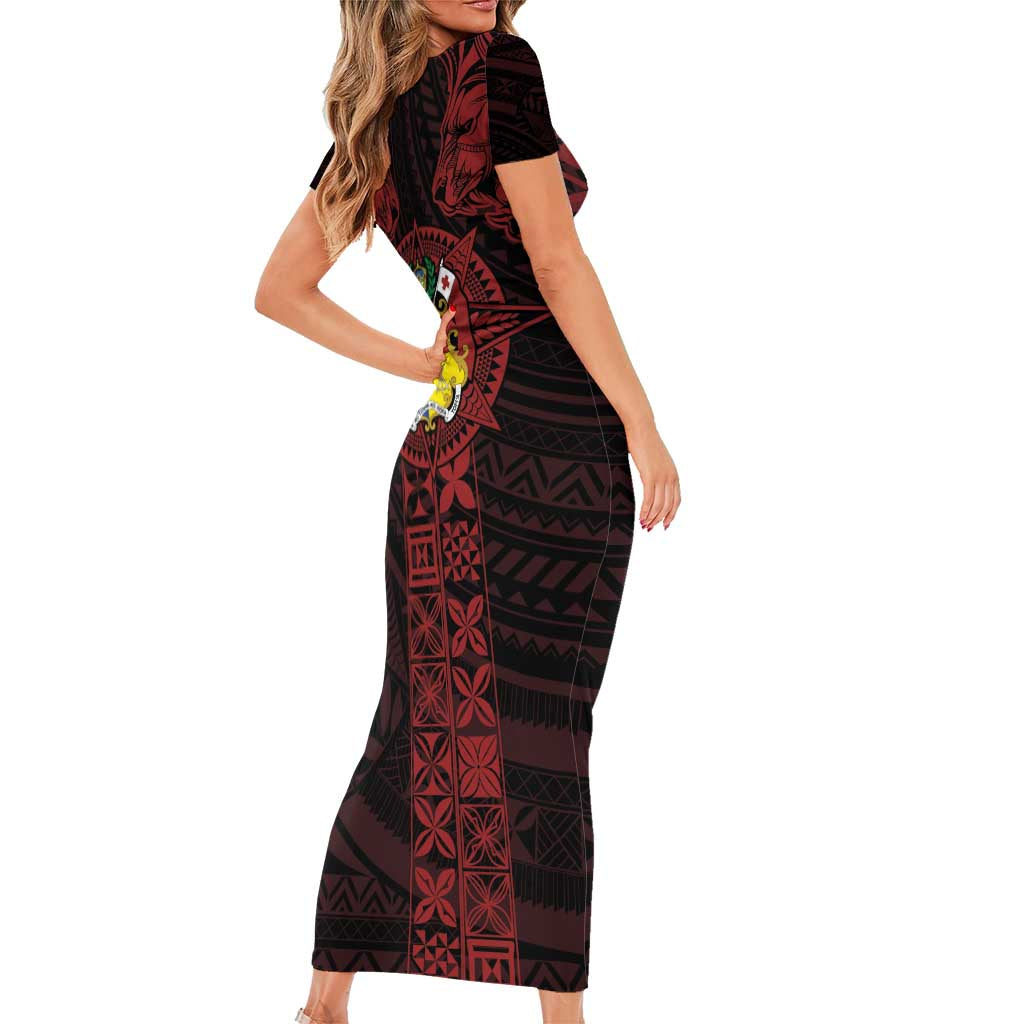 Tonga Independence Day Short Sleeve Bodycon Dress Tongatapu Lion Ngatu Motifs Black Ver. LT7