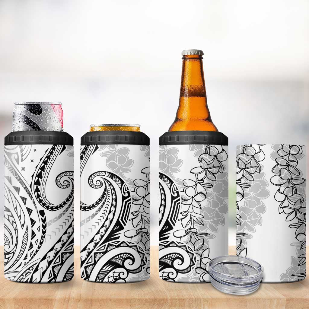 Polynesia Plumeria Lei 4 in 1 Can Cooler Tumbler White Curves Motif