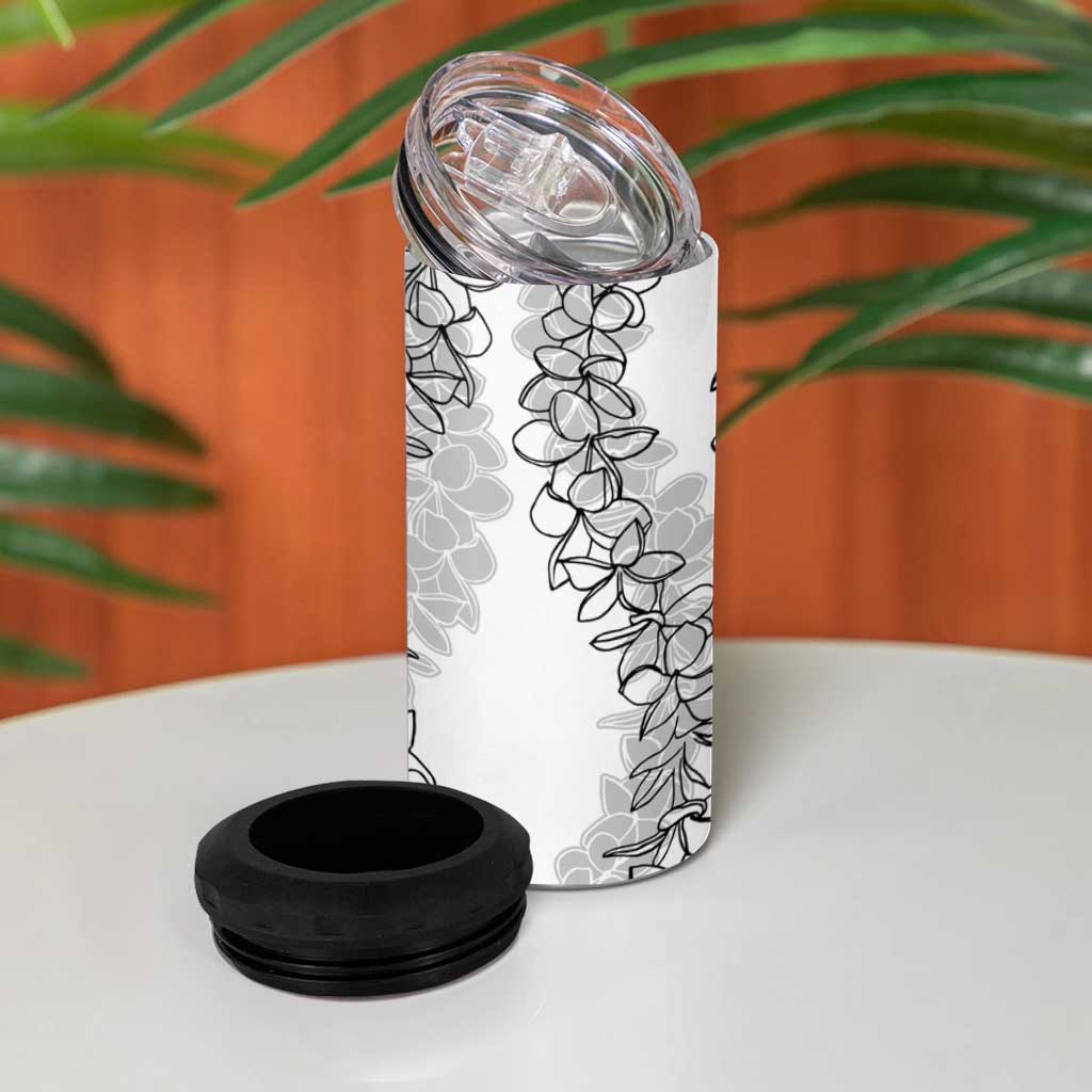 Polynesia Plumeria Lei 4 in 1 Can Cooler Tumbler White Curves Motif