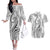Polynesia Plumeria Lei Couples Matching Off The Shoulder Long Sleeve Dress and Hawaiian Shirt White Curves Motif