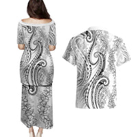 Polynesia Plumeria Lei Couples Matching Puletasi and Hawaiian Shirt White Curves Motif
