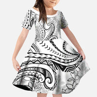 Polynesia Plumeria Lei Family Matching Long Sleeve Bodycon Dress and Hawaiian Shirt White Curves Motif