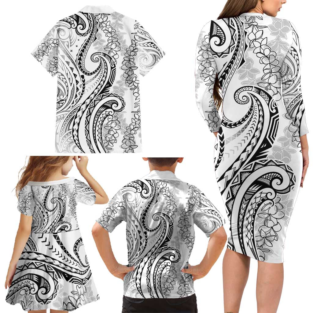 Polynesia Plumeria Lei Family Matching Long Sleeve Bodycon Dress and Hawaiian Shirt White Curves Motif