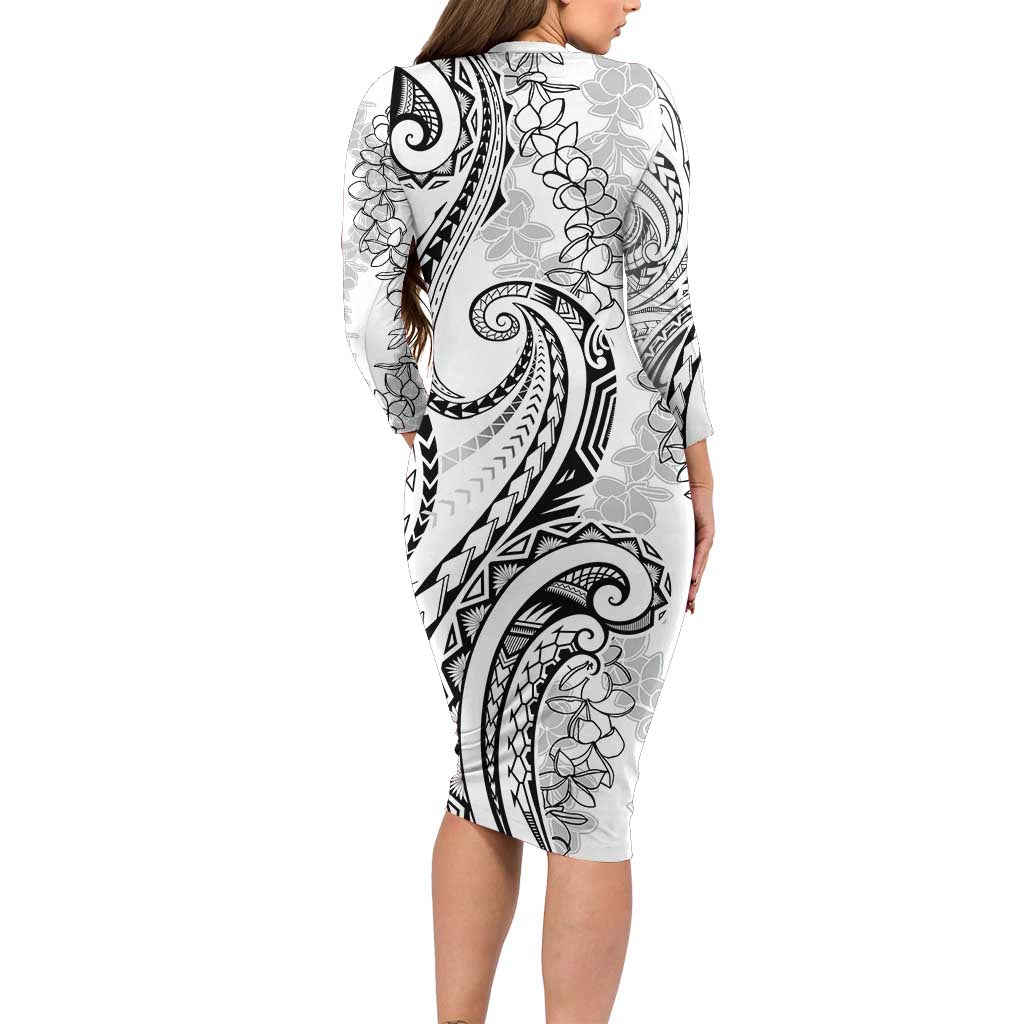 Polynesia Plumeria Lei Family Matching Long Sleeve Bodycon Dress and Hawaiian Shirt White Curves Motif