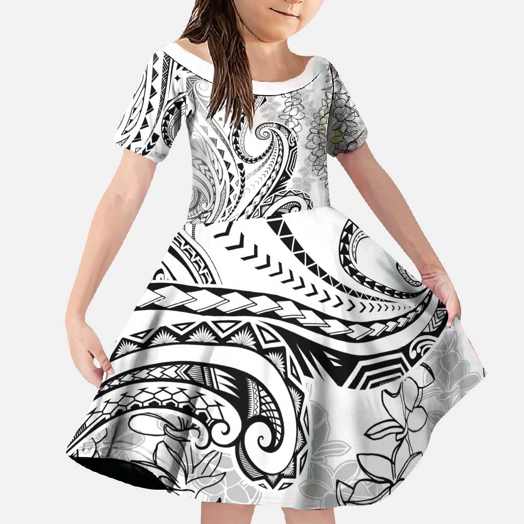 Polynesia Plumeria Lei Family Matching Mermaid Dress and Hawaiian Shirt White Curves Motif