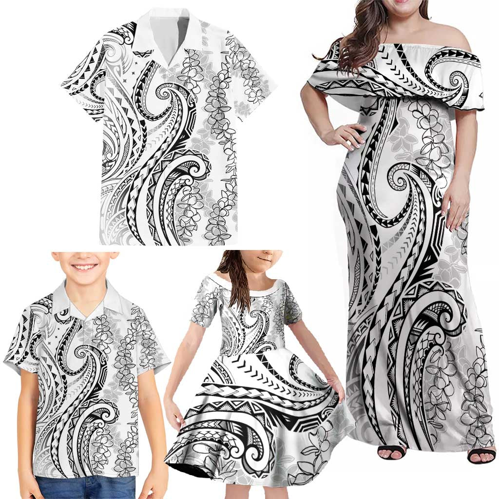 Polynesia Plumeria Lei Family Matching Off Shoulder Maxi Dress and Hawaiian Shirt White Curves Motif