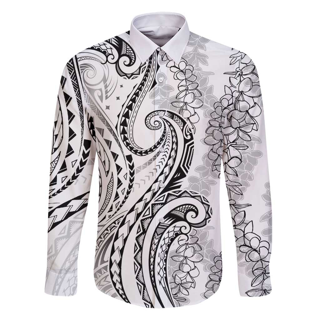 Polynesia Plumeria Lei Family Matching Off Shoulder Short Dress and Hawaiian Shirt White Curves Motif LT7 Dad's Shirt - Long Sleeve White - Polynesian Pride