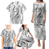 Polynesia Plumeria Lei Family Matching Puletasi and Hawaiian Shirt White Curves Motif