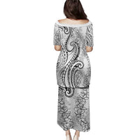 Polynesia Plumeria Lei Family Matching Puletasi and Hawaiian Shirt White Curves Motif