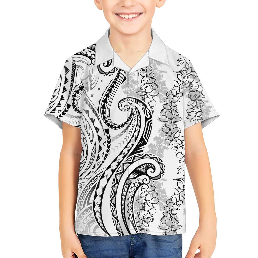 Polynesia Plumeria Lei Family Matching Short Sleeve Bodycon Dress and Hawaiian Shirt White Curves Motif