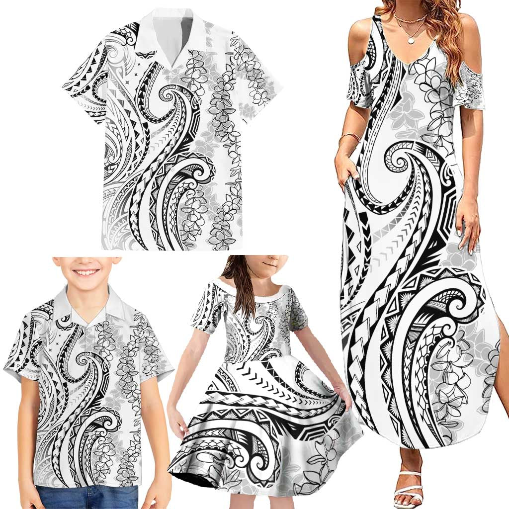 Polynesia Plumeria Lei Family Matching Summer Maxi Dress and Hawaiian Shirt White Curves Motif
