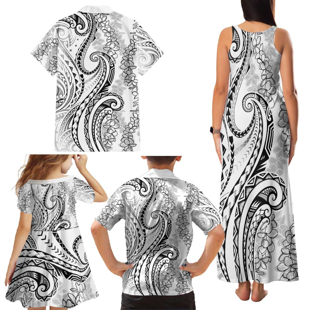 Polynesia Plumeria Lei Family Matching Tank Maxi Dress and Hawaiian Shirt White Curves Motif