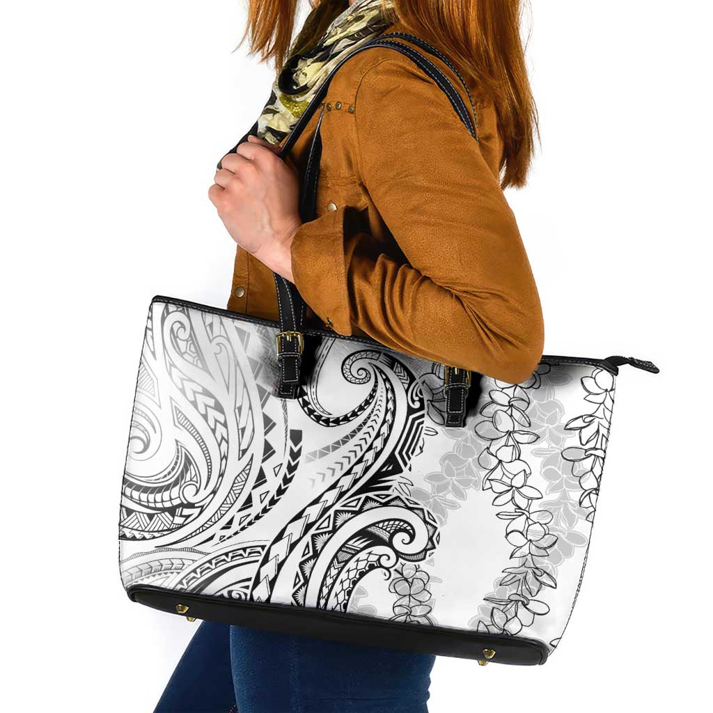Polynesia Plumeria Lei Leather Tote Bag White Curves Motif LT7 White - Polynesian Pride