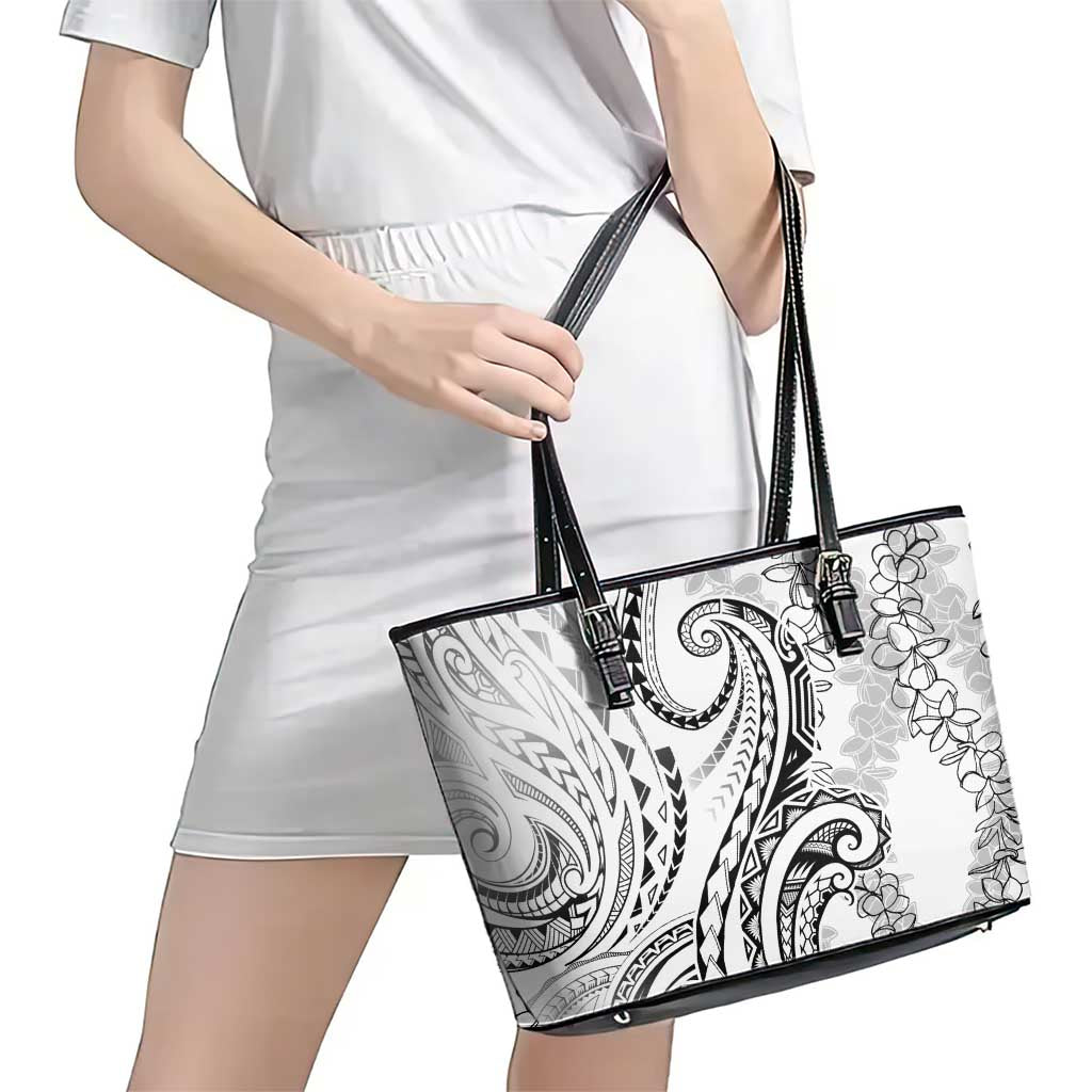 Polynesia Plumeria Lei Leather Tote Bag White Curves Motif