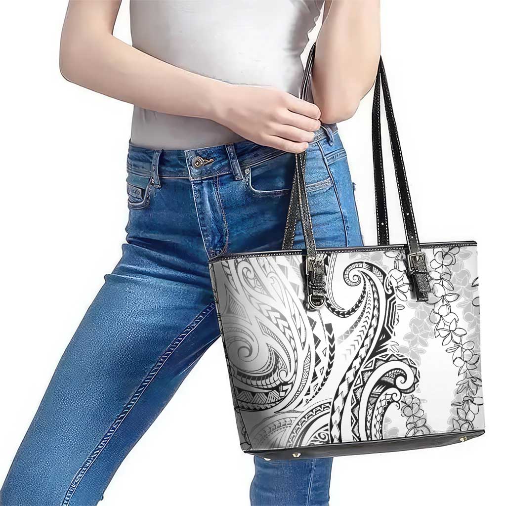 Polynesia Plumeria Lei Leather Tote Bag White Curves Motif