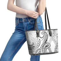 Polynesia Plumeria Lei Leather Tote Bag White Curves Motif