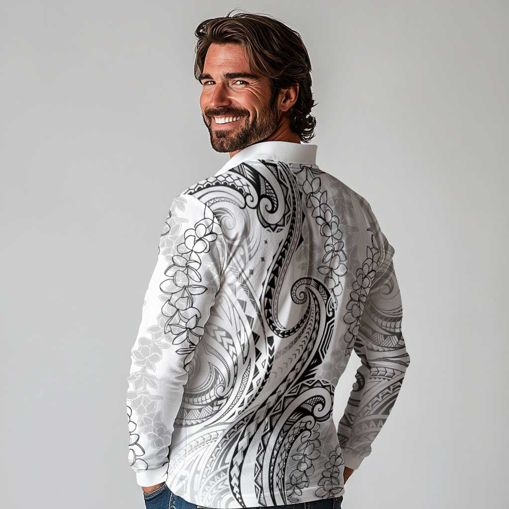 Polynesia Plumeria Lei Long Sleeve Polo Shirt White Curves Motif