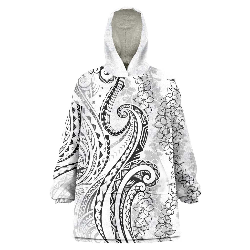 Polynesia Plumeria Lei Wearable Blanket Hoodie White Curves Motif