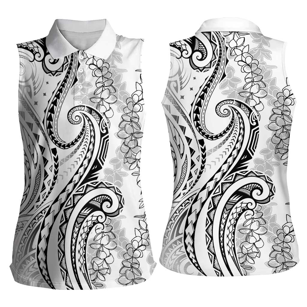 Polynesia Plumeria Lei Women Sleeveless Polo Shirt White Curves Motif