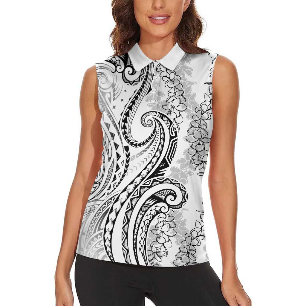 Polynesia Plumeria Lei Women Sleeveless Polo Shirt White Curves Motif