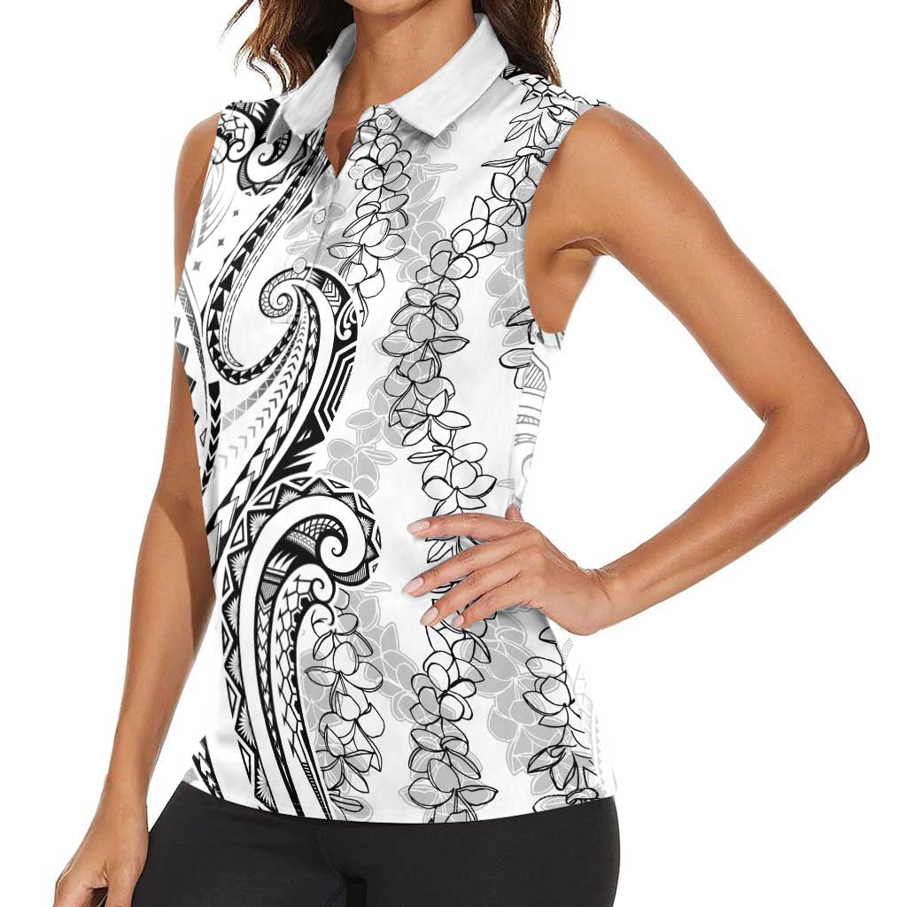 Polynesia Plumeria Lei Women Sleeveless Polo Shirt White Curves Motif