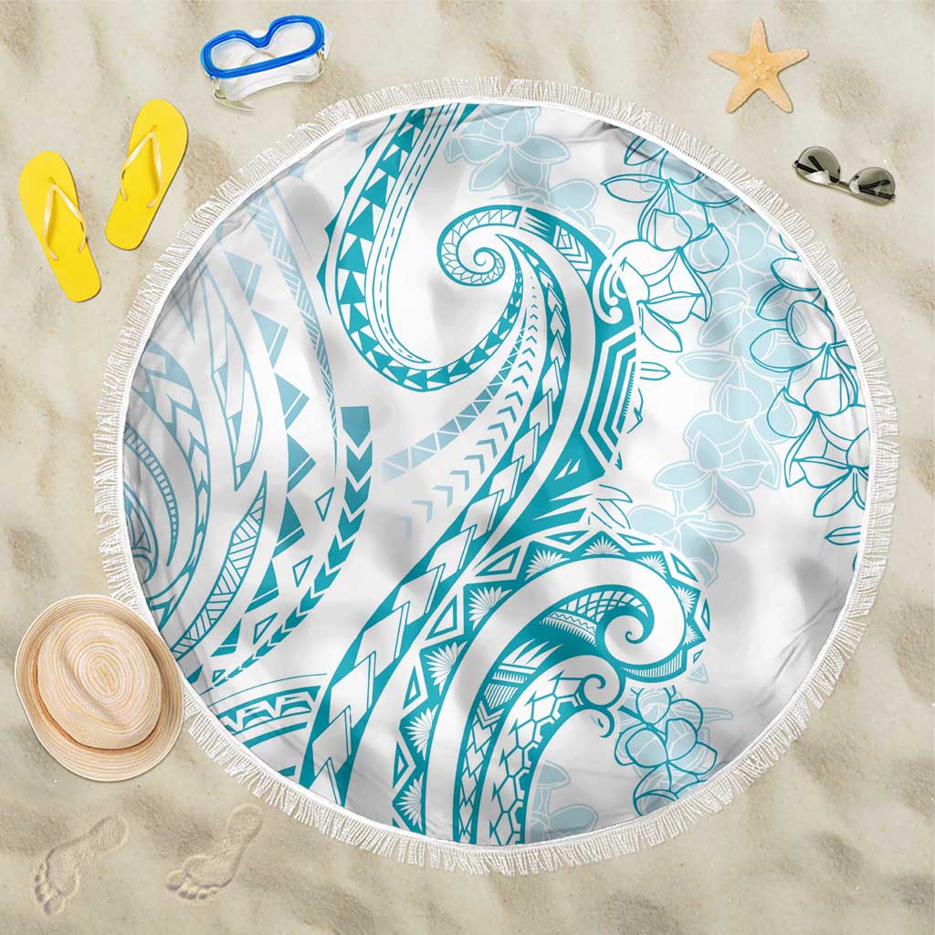 Polynesia Plumeria Lei Beach Blanket White Turquoise Curves Motif LT7 One Size 150cm Turquoise - Polynesian Pride