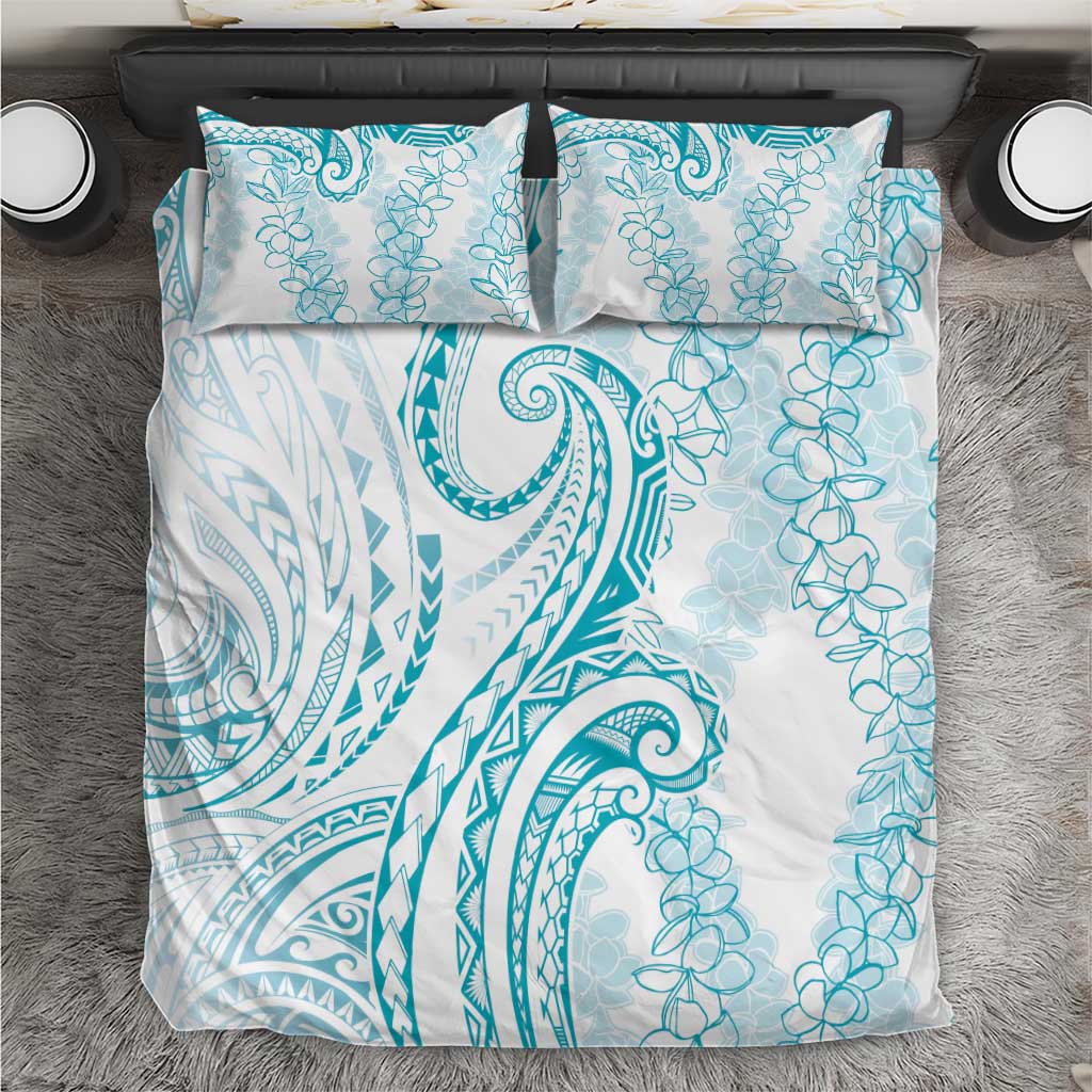 Polynesia Plumeria Lei Bedding Set White Turquoise Curves Motif