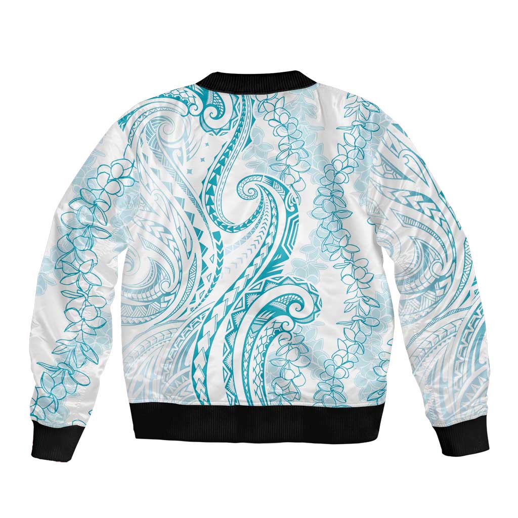 Polynesia Plumeria Lei Bomber Jacket White Turquoise Curves Motif LT7 - Polynesian Pride