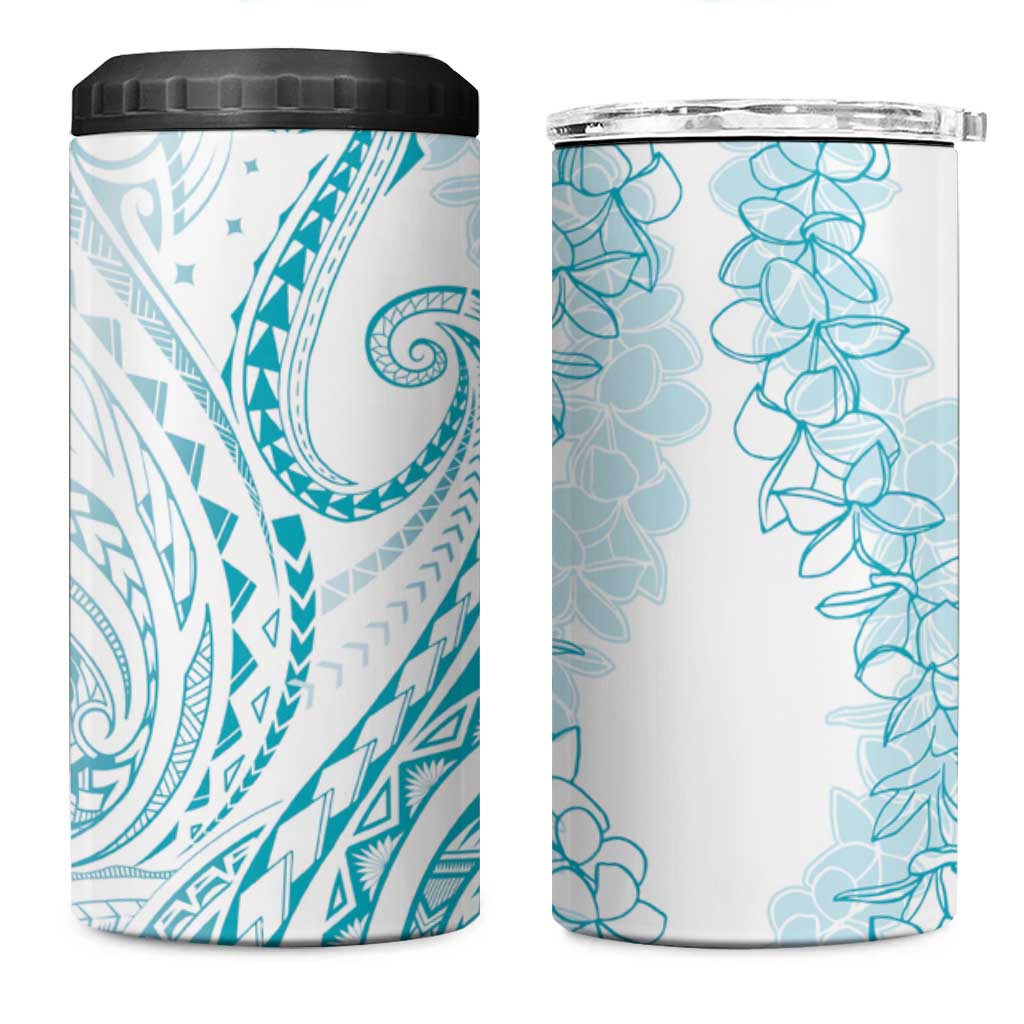 Polynesia Plumeria Lei 4 in 1 Can Cooler Tumbler White Turquoise Curves Motif