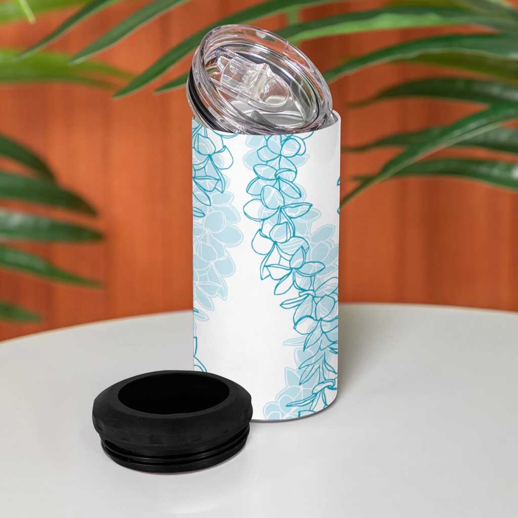 Polynesia Plumeria Lei 4 in 1 Can Cooler Tumbler White Turquoise Curves Motif