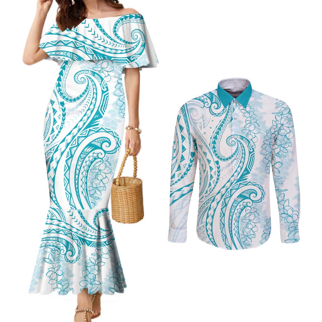 Polynesia Plumeria Lei Couples Matching Mermaid Dress and Long Sleeve Button Shirt White Turquoise Curves Motif LT7 Turquoise - Polynesian Pride