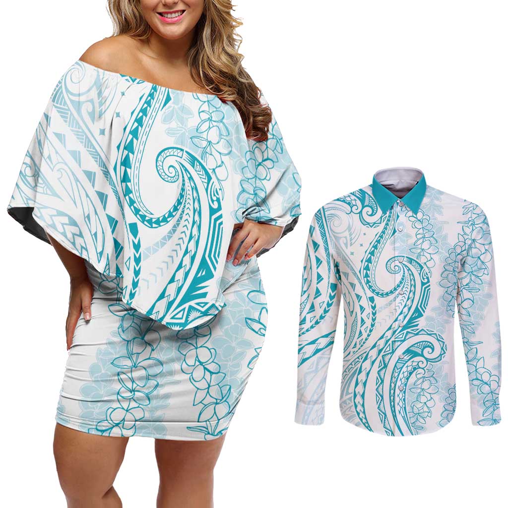 Polynesia Plumeria Lei Couples Matching Off Shoulder Short Dress and Long Sleeve Button Shirt White Turquoise Curves Motif LT7 Turquoise - Polynesian Pride