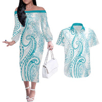 Polynesia Plumeria Lei Couples Matching Off The Shoulder Long Sleeve Dress and Hawaiian Shirt White Turquoise Curves Motif