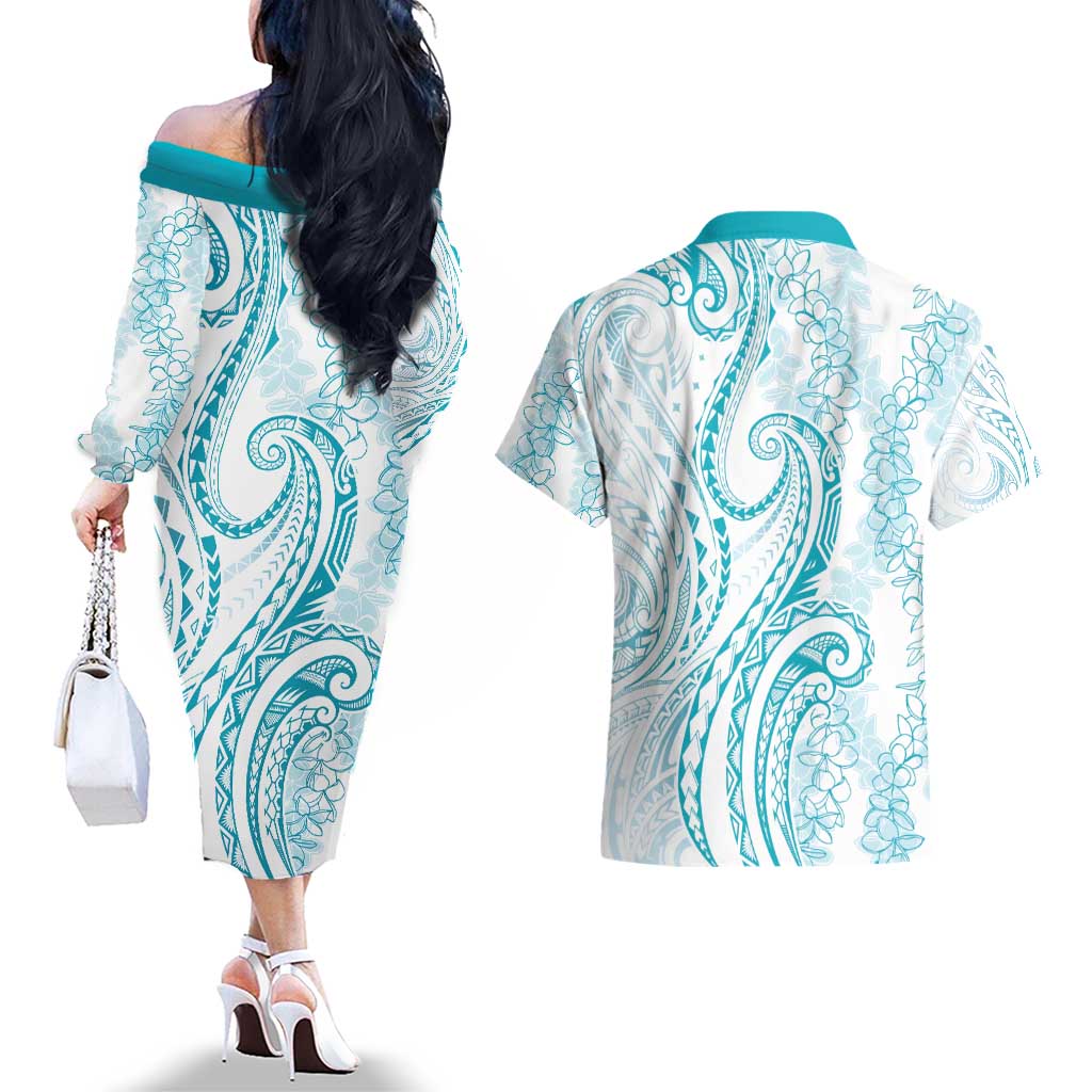 Polynesia Plumeria Lei Couples Matching Off The Shoulder Long Sleeve Dress and Hawaiian Shirt White Turquoise Curves Motif