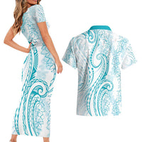 Polynesia Plumeria Lei Couples Matching Short Sleeve Bodycon Dress and Hawaiian Shirt White Turquoise Curves Motif LT7 - Polynesian Pride