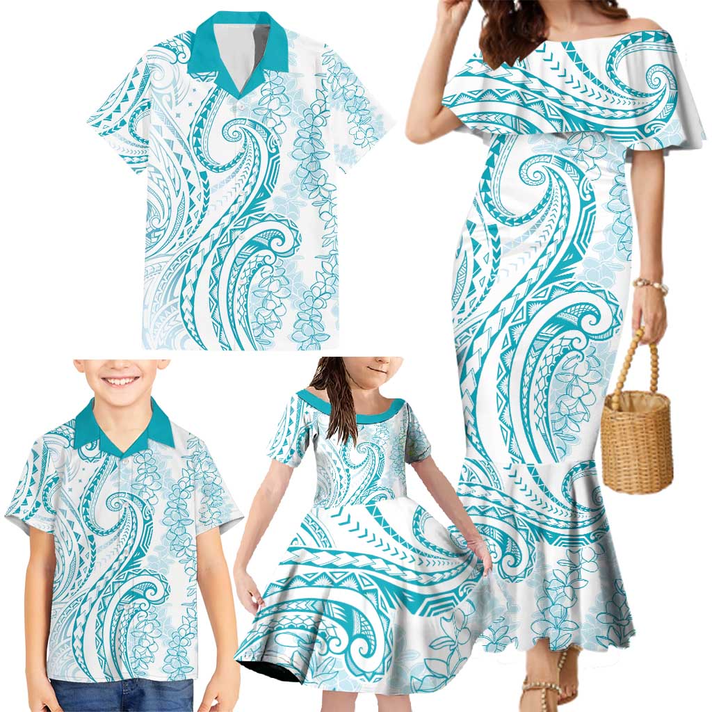 Polynesia Plumeria Lei Family Matching Mermaid Dress and Hawaiian Shirt White Turquoise Curves Motif