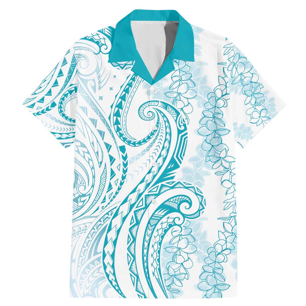 Polynesia Plumeria Lei Family Matching Mermaid Dress and Hawaiian Shirt White Turquoise Curves Motif