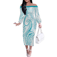 Polynesia Plumeria Lei Family Matching Off The Shoulder Long Sleeve Dress and Hawaiian Shirt White Turquoise Curves Motif