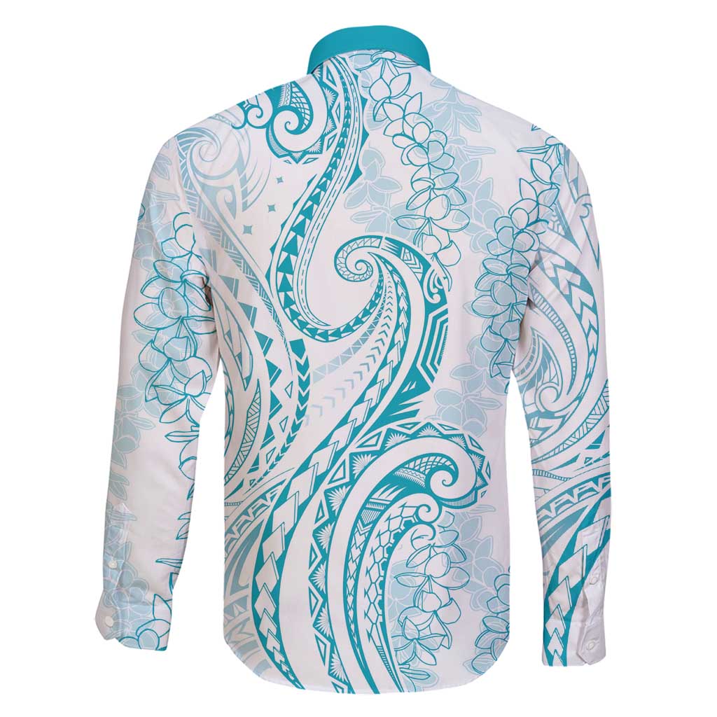Polynesia Plumeria Lei Family Matching Off Shoulder Short Dress and Hawaiian Shirt White Turquoise Curves Motif LT7 - Polynesian Pride