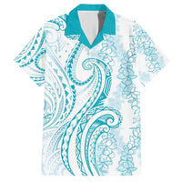 Polynesia Plumeria Lei Family Matching Short Sleeve Bodycon Dress and Hawaiian Shirt White Turquoise Curves Motif