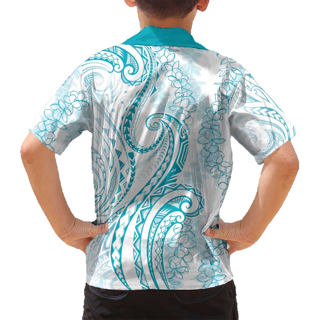 Polynesia Plumeria Lei Family Matching Summer Maxi Dress and Hawaiian Shirt White Turquoise Curves Motif LT7 - Polynesian Pride