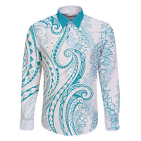 Polynesia Plumeria Lei Family Matching Summer Maxi Dress and Hawaiian Shirt White Turquoise Curves Motif LT7 Dad's Shirt - Long Sleeve Turquoise - Polynesian Pride