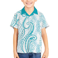 Polynesia Plumeria Lei Family Matching Summer Maxi Dress and Hawaiian Shirt White Turquoise Curves Motif LT7 Son's Shirt Turquoise - Polynesian Pride
