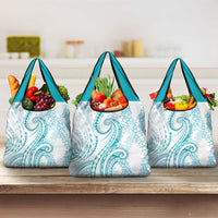 Polynesia Plumeria Lei Grocery Bag White Turquoise Curves Motif